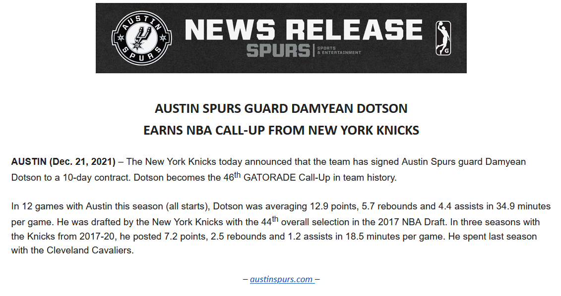 AUSTIN SPURS GUARD DAMYEAN DOTSON EARNS NBA CALL-UP FROM NEW YORK KNICKS