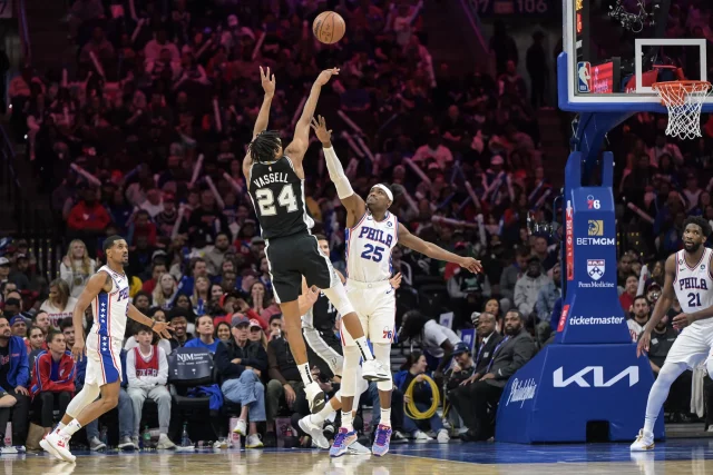 Devin Vassell Taking A Shot During The Spurs vs. 76ers Game