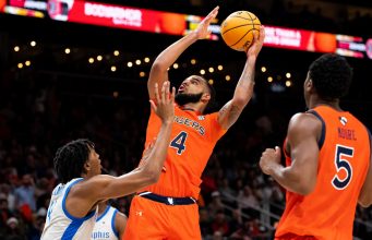 Auburn Tigers putting up a basket. preview of the best college basketball games this week